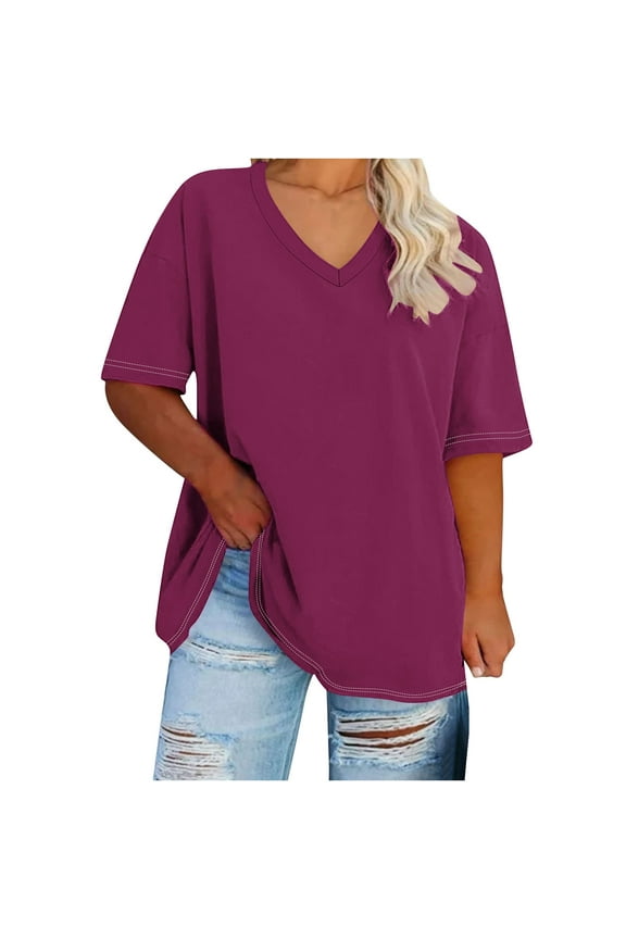 Plus Size Tops for Women Oversized Short Sleeve V Neck Comfy Shirts Casual Summer Beach Basic Solid Color T-Shirts