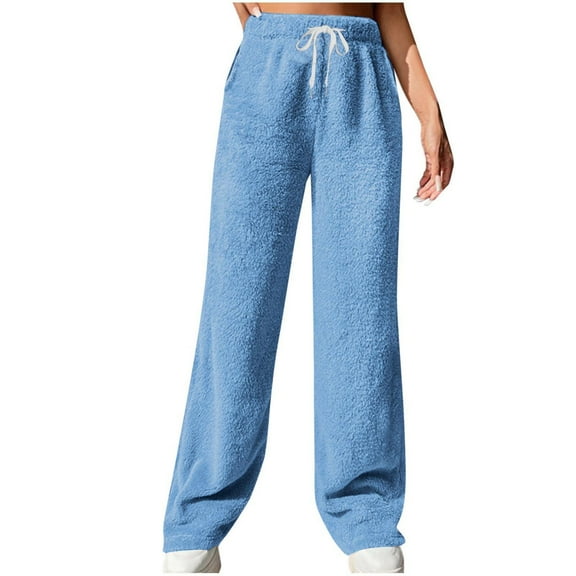cfhntfmh Plush Pajama Pants Women Solid Color Flannel Loungewear Fluffy Fleece Pj Bottoms Fuzzy Warm Sleepwear（Blue,X-Large)