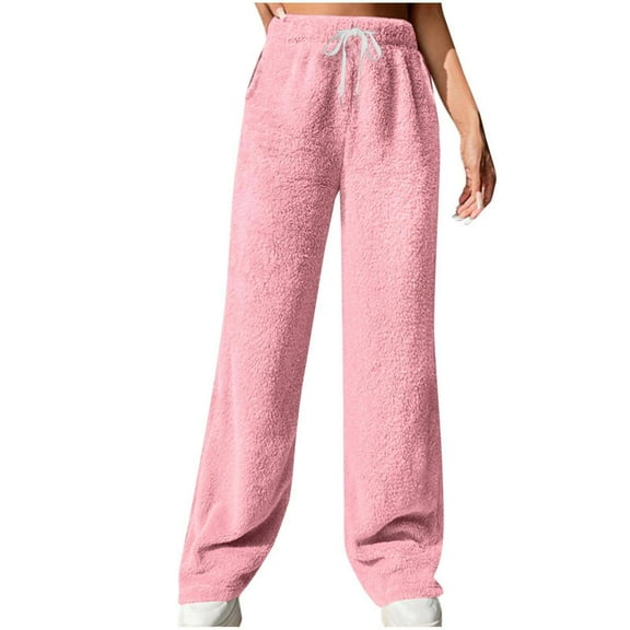 cfhntfmh Plush Pajama Pants Women Solid Color Flannel Loungewear Fluffy Fleece Pj Bottoms Fuzzy Warm Sleepwear(Pink,X-Large)