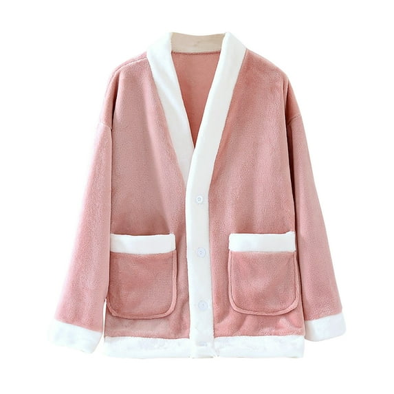 cfhntfmh Plush Pajama Tops for Women Loose Comfy Warm Winter Coat with Pockets Button down Fleece Jacket Long Sleeve Loungewear(Pink,X-Large)