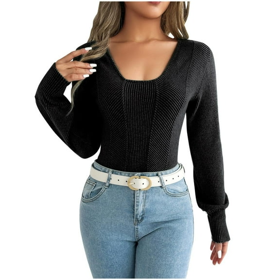 cfhntfmh Ribbed Tops for Women Square Neck Long Sleeve Sweater Fall Fashion Knitted Solid Color Casual Tunic Women Fall Clothes