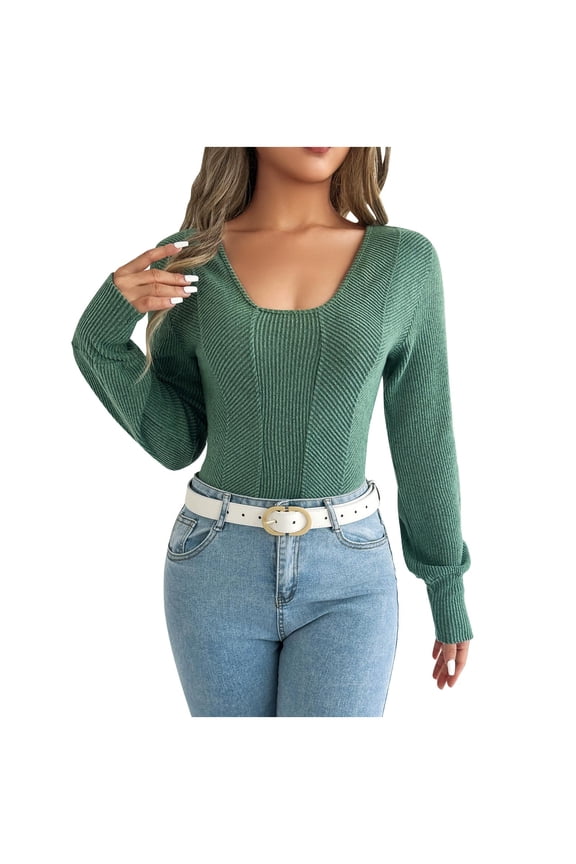Ribbed Tops for Women Square Neck Long Sleeve Sweater Fall Fashion Knitted Solid Color Casual Tunic Women Fall Clothes