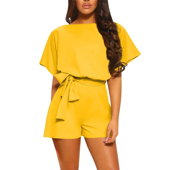 cfhntfmh Rompers for Women Casual Boat Neck Short Sleeve Jumpsuits Summer Tie Knot Keyhole Back Rompers Loose Shorts