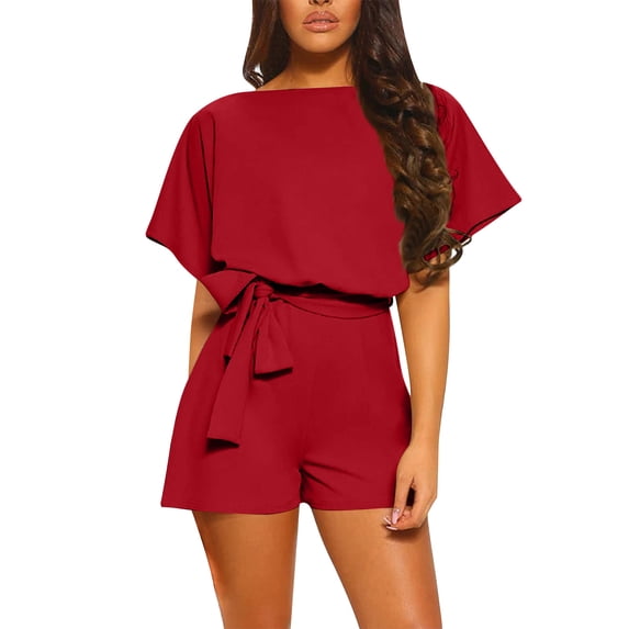 cfhntfmh Rompers for Women Casual Boat Neck Short Sleeve Jumpsuits Summer Tie Knot Keyhole Back Rompers Loose Shorts