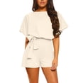 thumbnail image 1 of cfhntfmh Rompers for Women Casual Boat Neck Short Sleeve Jumpsuits Summer Tie Knot Keyhole Back Rompers Loose Shorts, 1 of 6