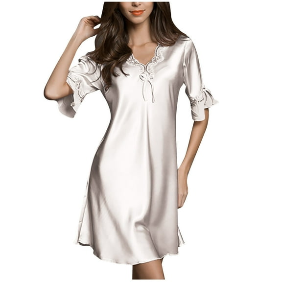 cfhntfmh Satin Nightgown for Women Half Sleeves Silk Sleep Shirt Lace V Neck Knee Length Sleep Dress Nightshirts