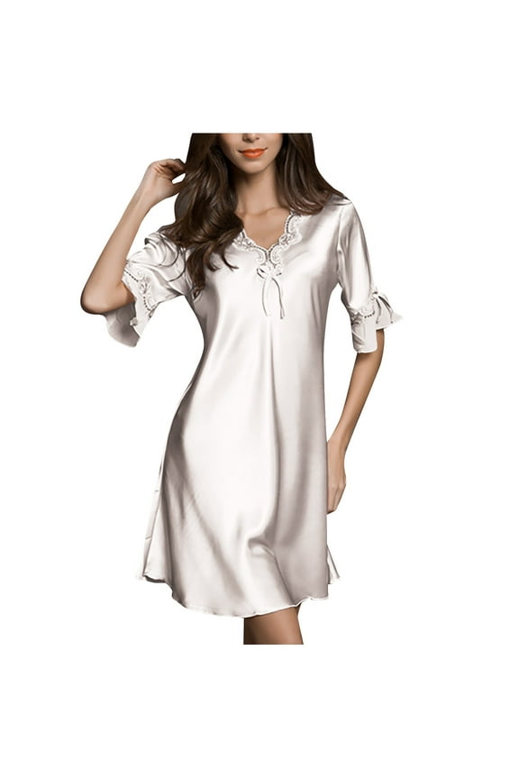 Satin Nightgown for Women Half Sleeves Silk Sleep Shirt Lace V Neck Knee Length Sleep Dress Nightshirts