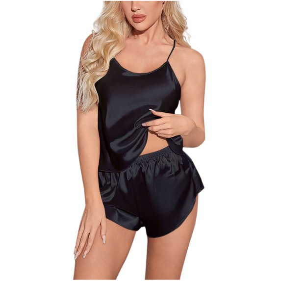 cfhntfmh Satin Pajama Set for Women Camisole Top and Shorts with Crew Neck Sleepwear Silk Pjs for Women Set Soft Nightwear