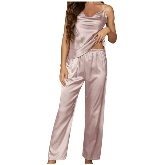 cfhntfmh Satin Pajama Sets for Women Comfy Sleeveless Camisole Sleepwear Soft Long Pants 2 Piece Pjs Loungewear Sets