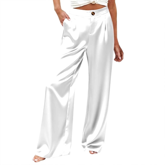 cfhntfmh Satin Pants for Women Wide Leg Dress Pants with Pockets Casual Loose Work Trousers Soft Fashion Outfits