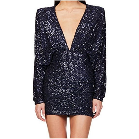 cfhntfmh Sequin Prom Dresses for Women Long Sleeve V Neck Bodycon Dress Ladies Backless Cocktail Party Mini Dress