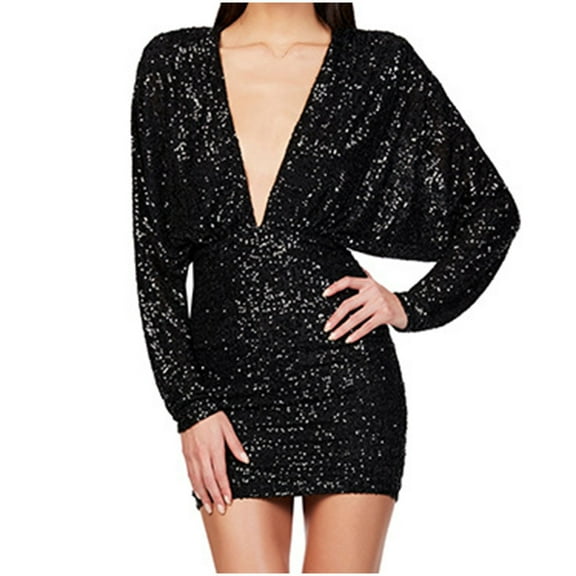 cfhntfmh Sequin Prom Dresses for Women Long Sleeve V Neck Bodycon Dress Ladies Backless Cocktail Party Mini Dress