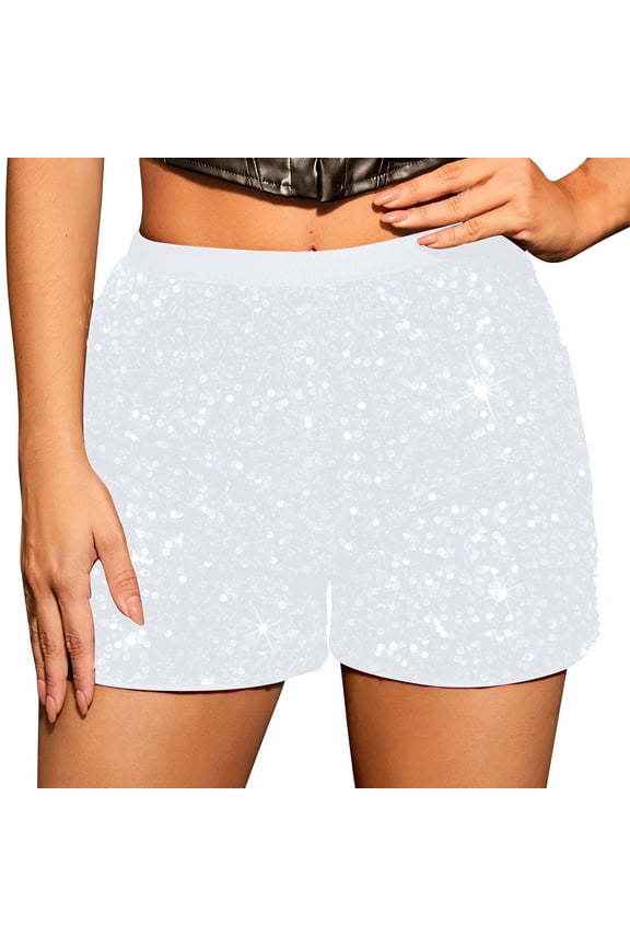 Sequins Shorts for Women Fashion Mid Elastic Waisted Summer Shorts Slim Glitter Clubwear Shorts