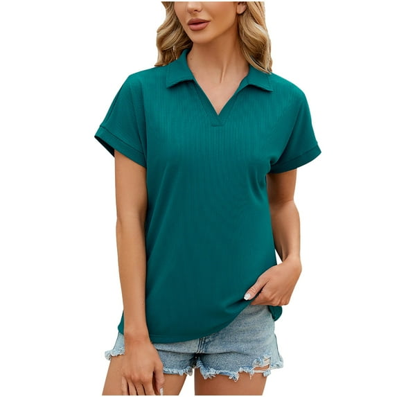 cfhntfmh Shirts for Women Short Sleeve Collared V-Neck Casual Work Tennis Tops Basic Solid Color Summer Tshirts