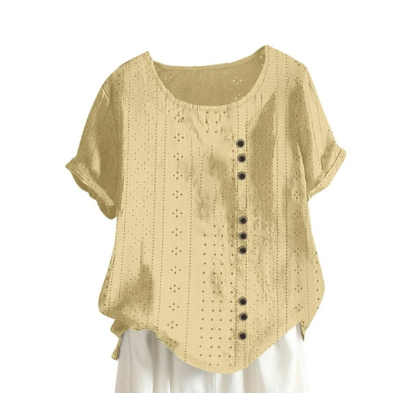 cfhntfmh Shirts for Women Summer Crewneck Short Sleeve Comfy Tops Buttons down Cutout Basic Trendy T-Shirts