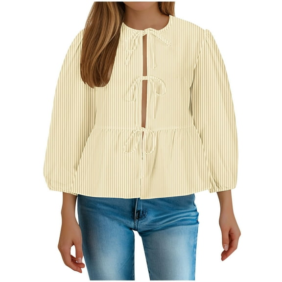 cfhntfmh Shirts for Women Trendy Casual Print Long Sleeve Front Knot Babydoll Tops Round Neck Cute Fall Blouses