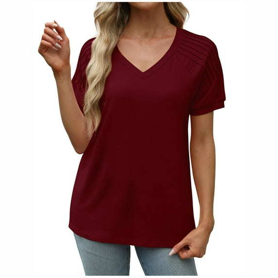 cfhntfmh Short Sleeve Pleated Tops for Women Fashion V Neck T-Shirt Solid Color Fitted Summer Tees