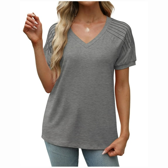 cfhntfmh Short Sleeve Pleated Tops for Women Fashion V Neck T-Shirt Solid Color Fitted Summer Tees