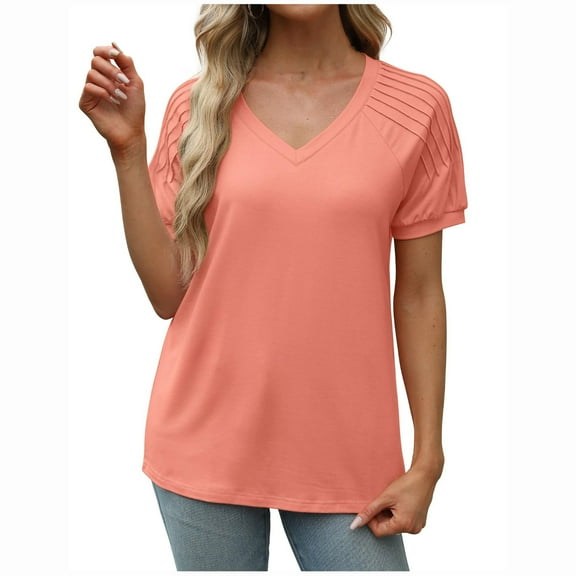 cfhntfmh Short Sleeve Pleated Tops for Women Fashion V Neck T-Shirt Solid Color Fitted Summer Tees