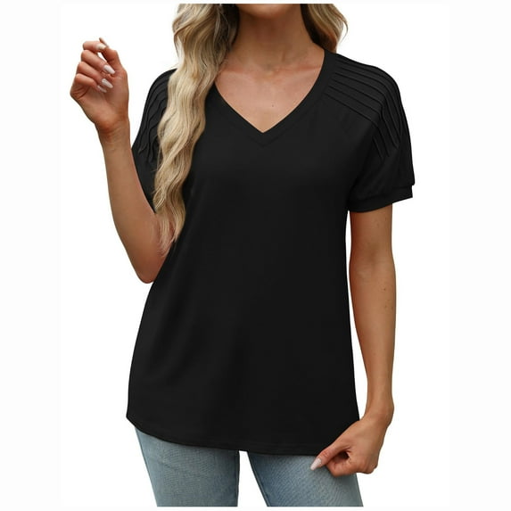 cfhntfmh Short Sleeve Pleated Tops for Women Fashion V Neck T-Shirt Solid Color Fitted Summer Tees