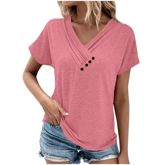 cfhntfmh Short Sleeve Tops for Women V Neck Buttons Pleated T-Shirt Trendy Comfy Solid Color Tees