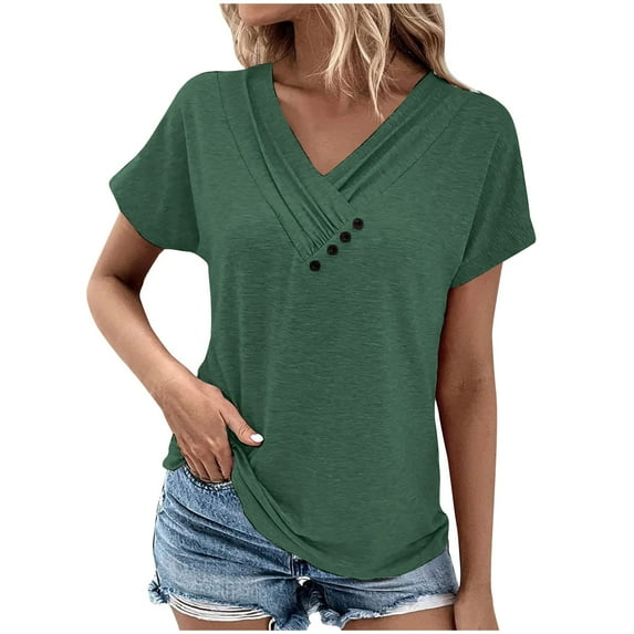 cfhntfmh Short Sleeve Tops for Women V Neck Buttons Pleated T-Shirt Trendy Comfy Solid Color Tees