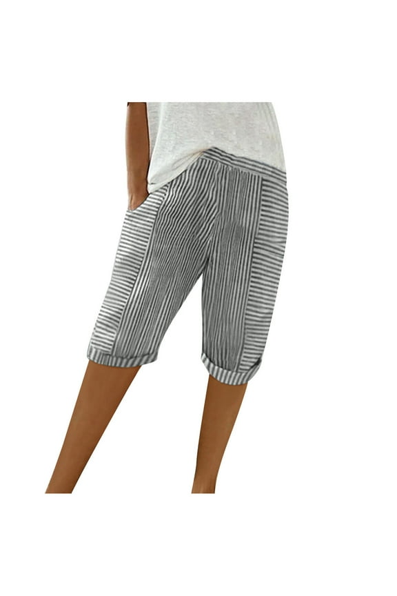 Shorts for Women Loose Patchwork Striped Folded Hem Shorts Summer Straight Leg Knee Length Shorts