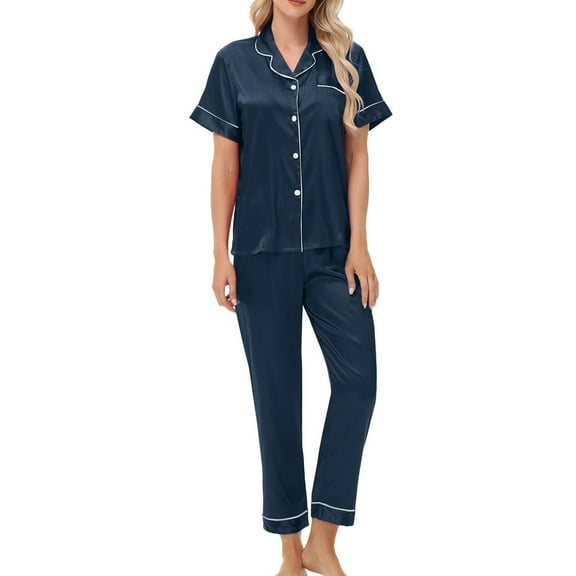 cfhntfmh Silk Satin Pajamas Set for Women Short Sleeve Loungewear with Long Pants Button down Loungewear Pjs Set