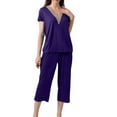 thumbnail image 1 of cfhntfmh Sleep Sets for Women Comfy Short Sleeve Lace V Neck Basic Tops Soft Stretch Capri Pants 2 Piece Pajama Sets Sleepwear, 1 of 7