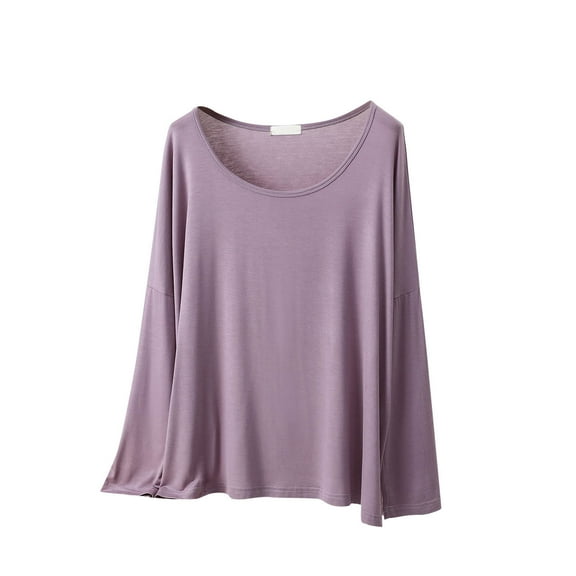 cfhntfmh Sleep Shirts for Women Modal Scoop Neck Solid Color Lounge Pajamas Top Soft Ladies Long Sleeve Pjs Top Sleepwear