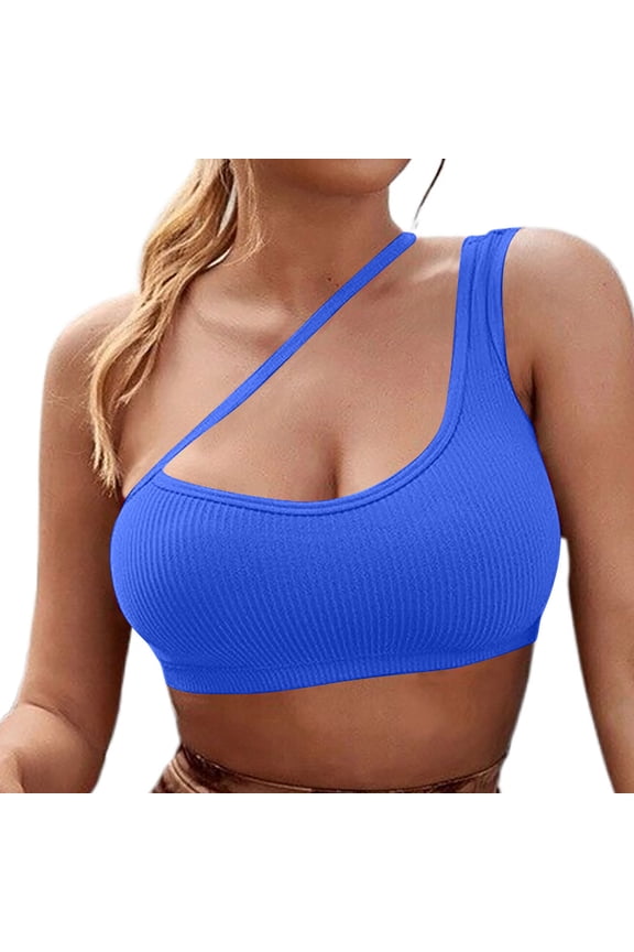 Sport Bras for Women Trendy One-Shoulder Padded Athletic Bras Ribbed Stretchy Workout Yoga Tank Tops
