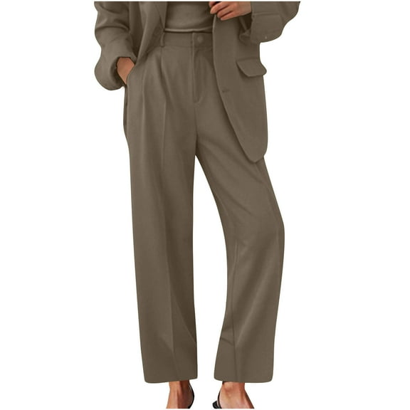 cfhntfmh Straight Leg Dress Work Pants for Women Loose Classic Solid High Waisted Business Office Casual Slacks with Pockets(Brown,XX-Large)