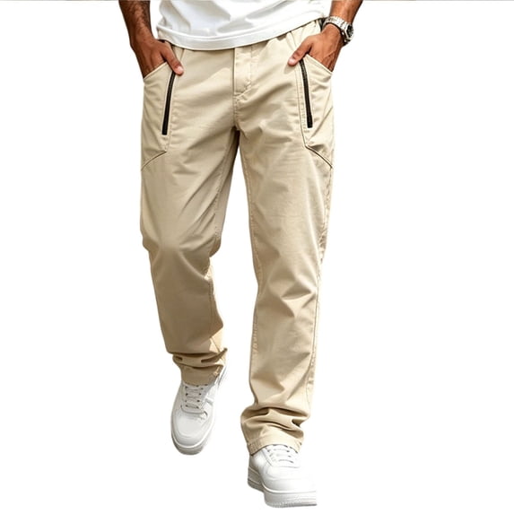 cfhntfmh Straight Leg Pants Men Casual Stretch Work Pants Loose Fashion Elastic Waisted Pants with Pockets (Khaki,X-Large)