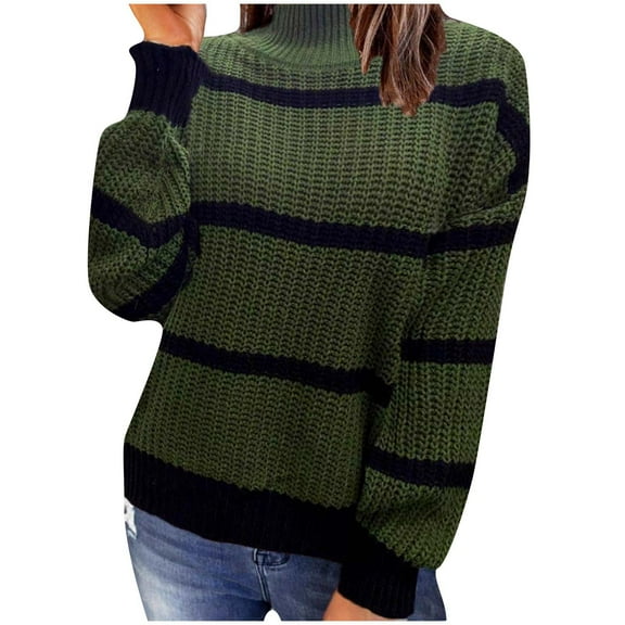 cfhntfmh Striped Sweaters for Women Turtleneck Sweater Fall Winter Knitted Pullover Trendy Basic Sweater Top（Green,Small)