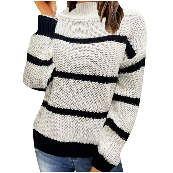 cfhntfmh Striped Sweaters for Women Turtleneck Sweater Fall Winter Knitted Pullover Trendy Basic Sweater Top(White,X-Large)