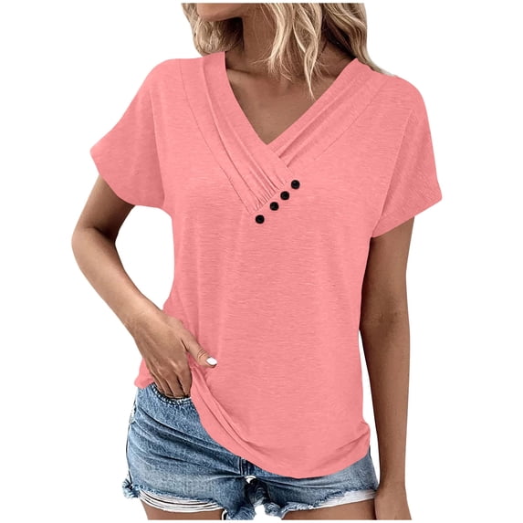 cfhntfmh Summer Tops for Women Comfy V Neck Buttons Pleated Dressy Shirt Plain Casual Blouses