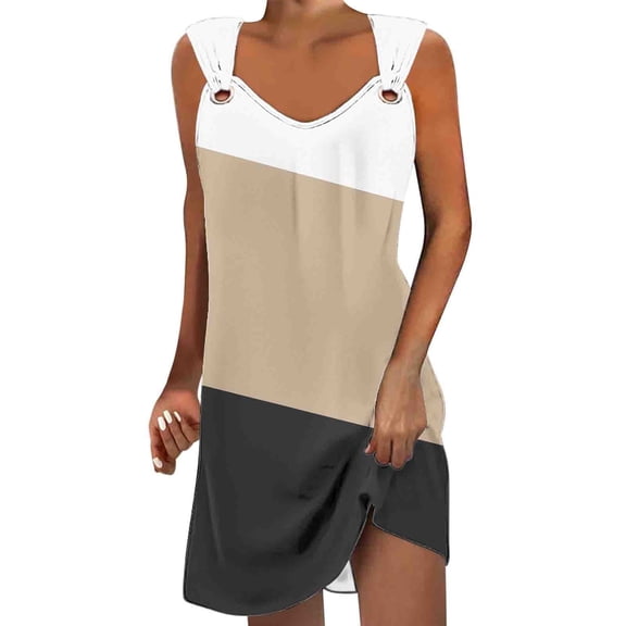 cfhntfmh Summer Casual Dress for Women Color Block Adjustable Strap Tank Dress Sleeveless Loose Sundress