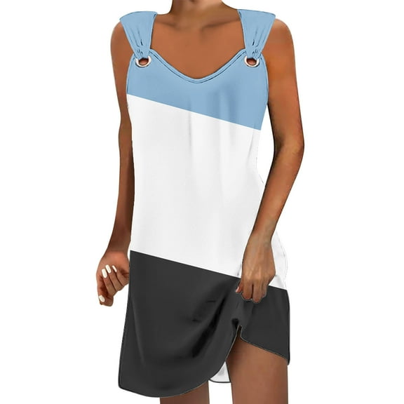 cfhntfmh Summer Casual Dress for Women Color Block Adjustable Strap Tank Dress Sleeveless Loose Sundress