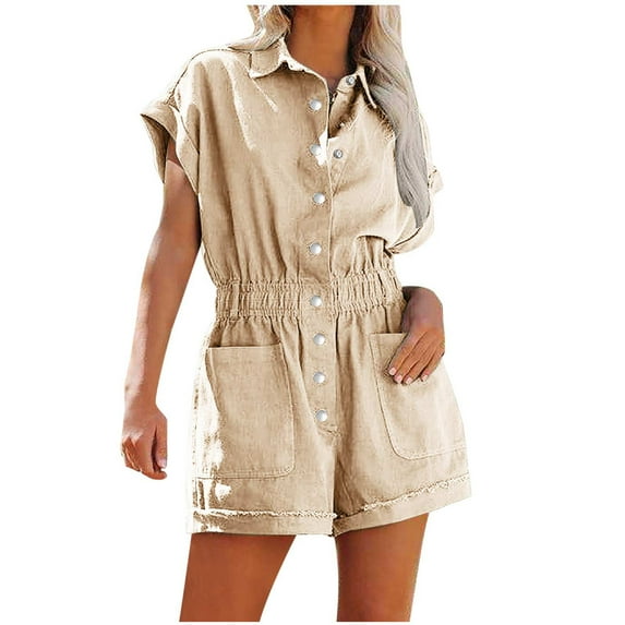 cfhntfmh Summer Casual Rompers for Women Fashion Lapel Neck Short Sleeve Buttons down Jumpsuit Baggy Shorts Outfits with Pockets
