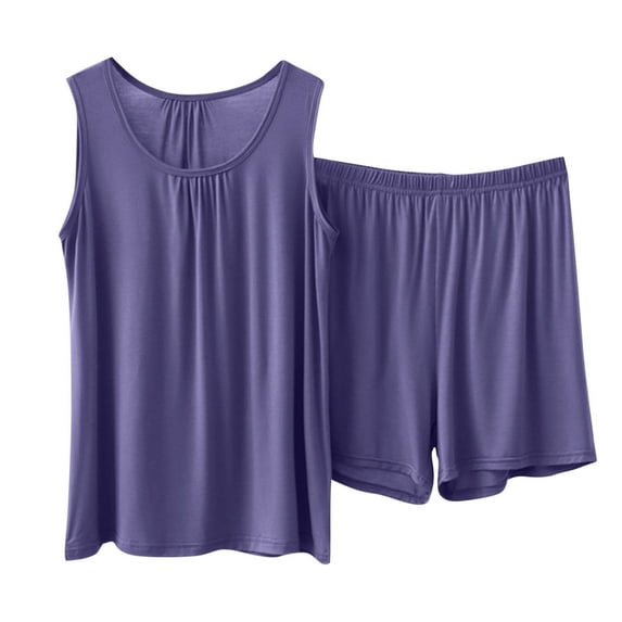 cfhntfmh Summer Cotton Modal Pajama Set for Women Plus Size Soft Lounge Shorts with Tank Top Sleeveless Sleepwear for Lounge