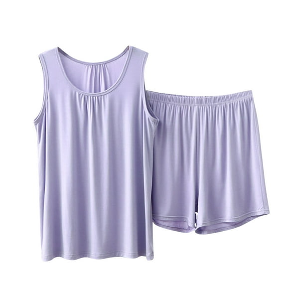 cfhntfmh Summer Cotton Modal Pajama Set for Women Plus Size Soft Lounge Shorts with Tank Top Sleeveless Sleepwear for Lounge