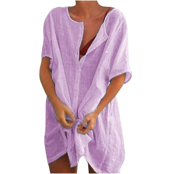 cfhntfmh Summer Dress for Women Short Sleeve Casual Shirt Dress Buttons down Flowy Plain Knee Length Dresses