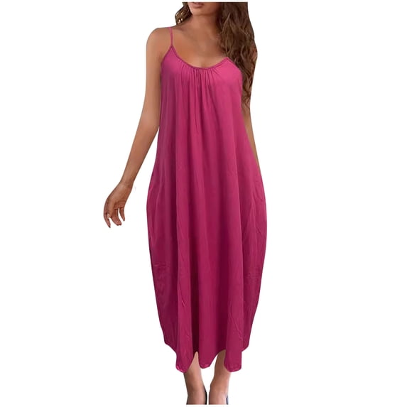 cfhntfmh Summer Dresses for Women 2024 Elegant Sleeveless Scoop Neck Slip Dress Comfy Spaghetti Strap Baggy Midi Dress