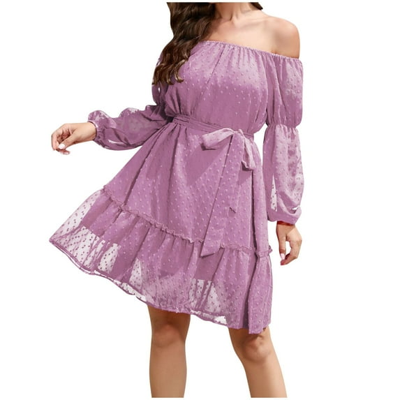cfhntfmh Summer Dresses for Women Fashion Off-Shoulder Long Sleeve A-Line Dress Flowy Soft Belted Layered Mini Dress