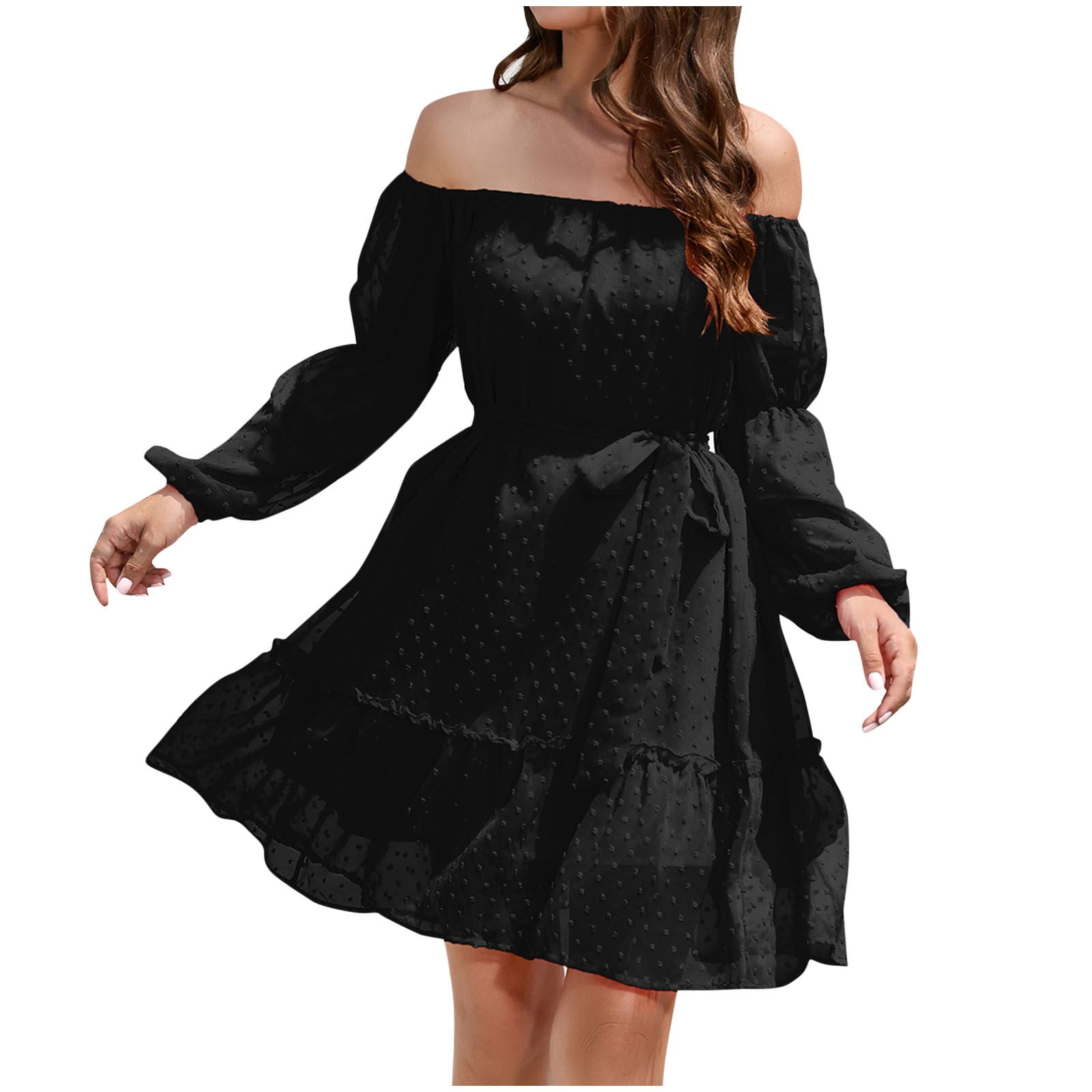 cfhntfmh Summer Dresses for Women Fashion Off-Shoulder Long Sleeve A-Line  Dress Flowy Soft Belted Layered Mini Dress - Walmart Business Supplies