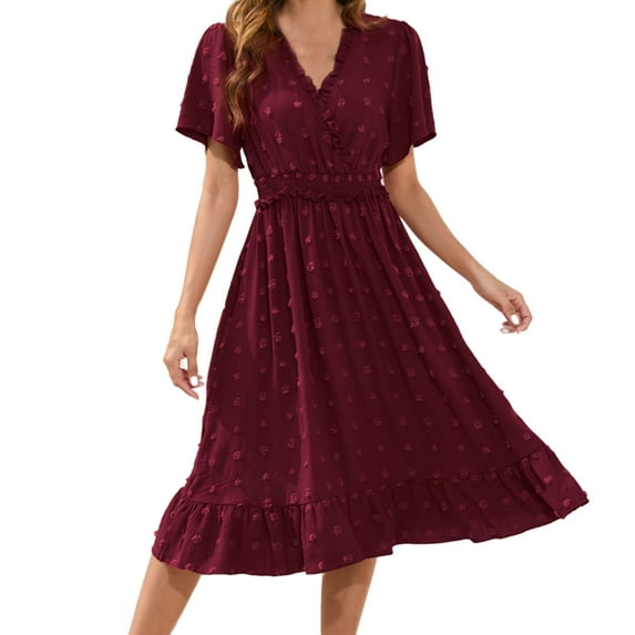 cfhntfmh Summer Dresses for Women Trendy Cross V Neck Short Sleeve Elegant Mini Dress Flowy Ruffled Hem T-Shirts Dress