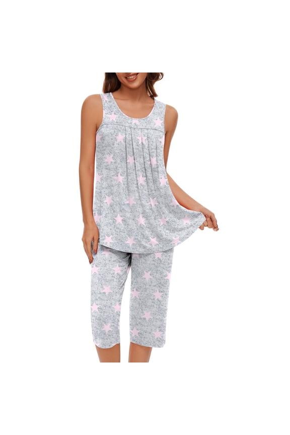 Summer Lounge Pajama Sets for Women Sleeveless Tank Tops Capri Pants Sleepwear 2 Piece Pjs Sets