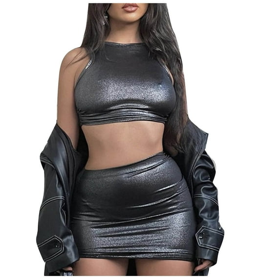 cfhntfmh Summer Oufit for Women Sleeveless Crop Tank Top Ruched Mini Skirts Sparkly Clubwear 2 Piece Set