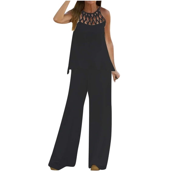 cfhntfmh Summer Outfits for Women 2 Piece Loungewear Sets Mesh Strap Sleeveless Trendy Tops Elegant Loose Long Pants