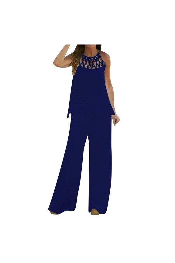 Summer Outfits for Women 2 Piece Loungewear Sets Mesh Strap Sleeveless Trendy Tops Elegant Loose Long Pants